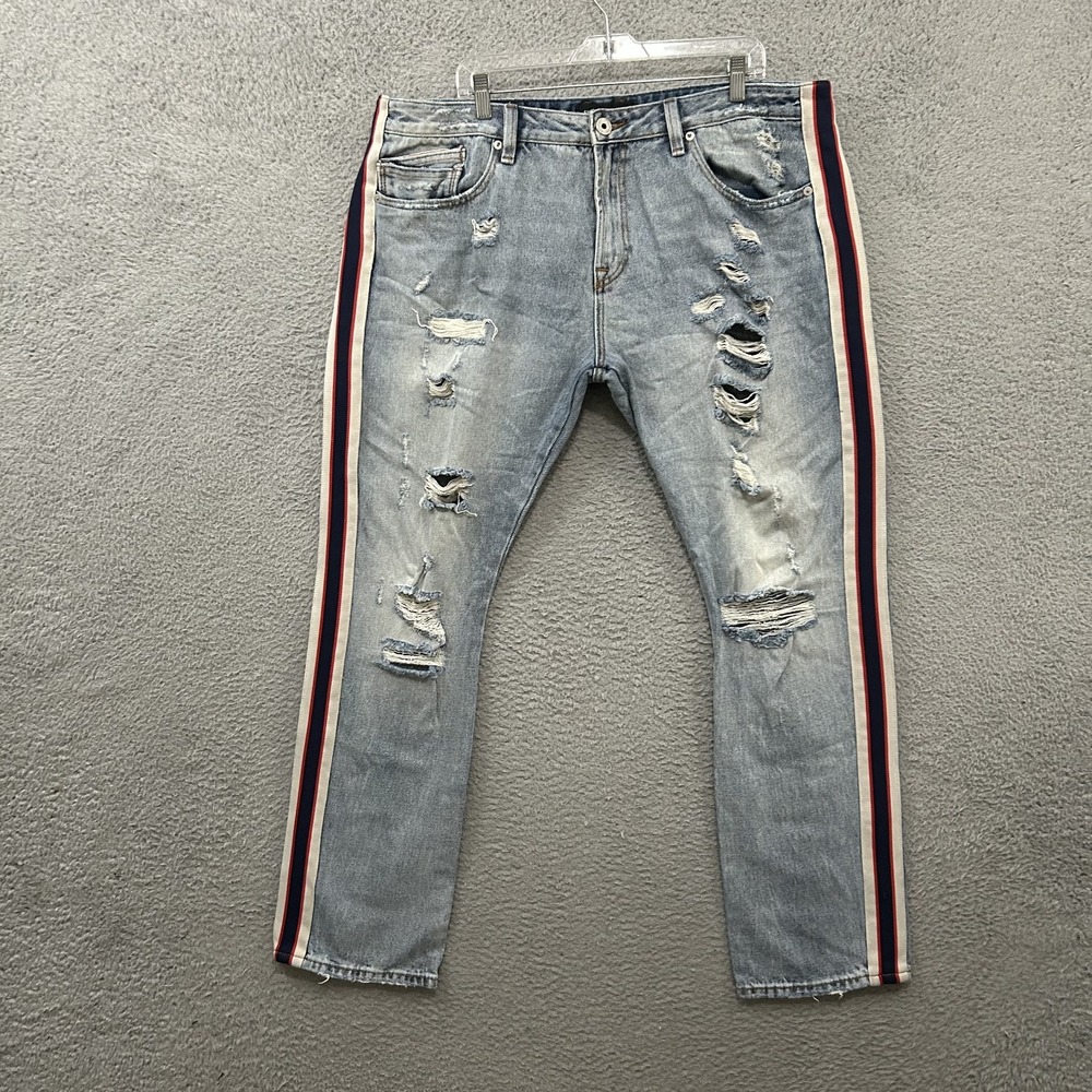 Cult Of Individuality Jeans Mens 40x33 Blue Denim Rocker Slim Distressed Light